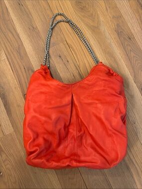 Elie Tahari Red Leather Bianca Hobo with Silver Chain Straps